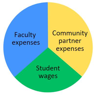 Pie chart showing the approximate budget breakdown between instructor, community, and student expenses.